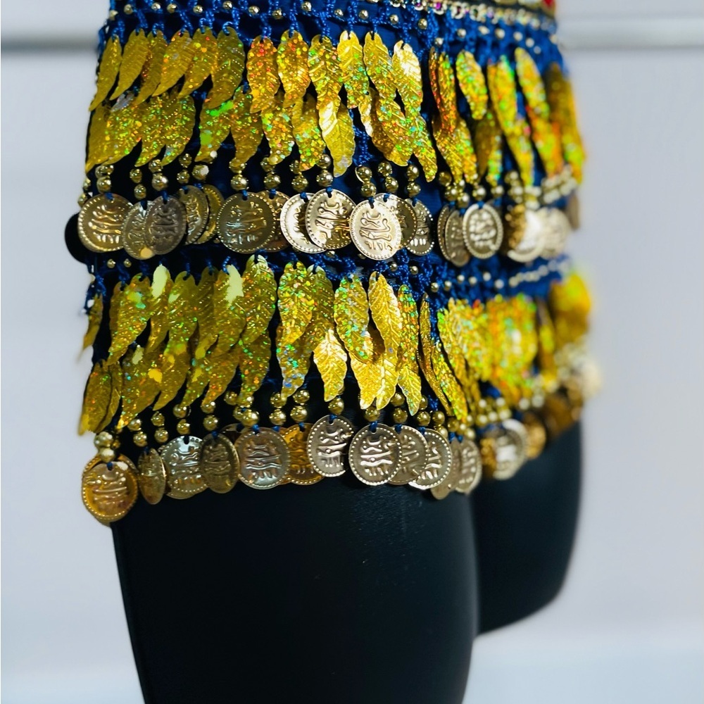 Blue with Gold leaves coins Wrap Skirt Bellydance - Picture 3 of 4